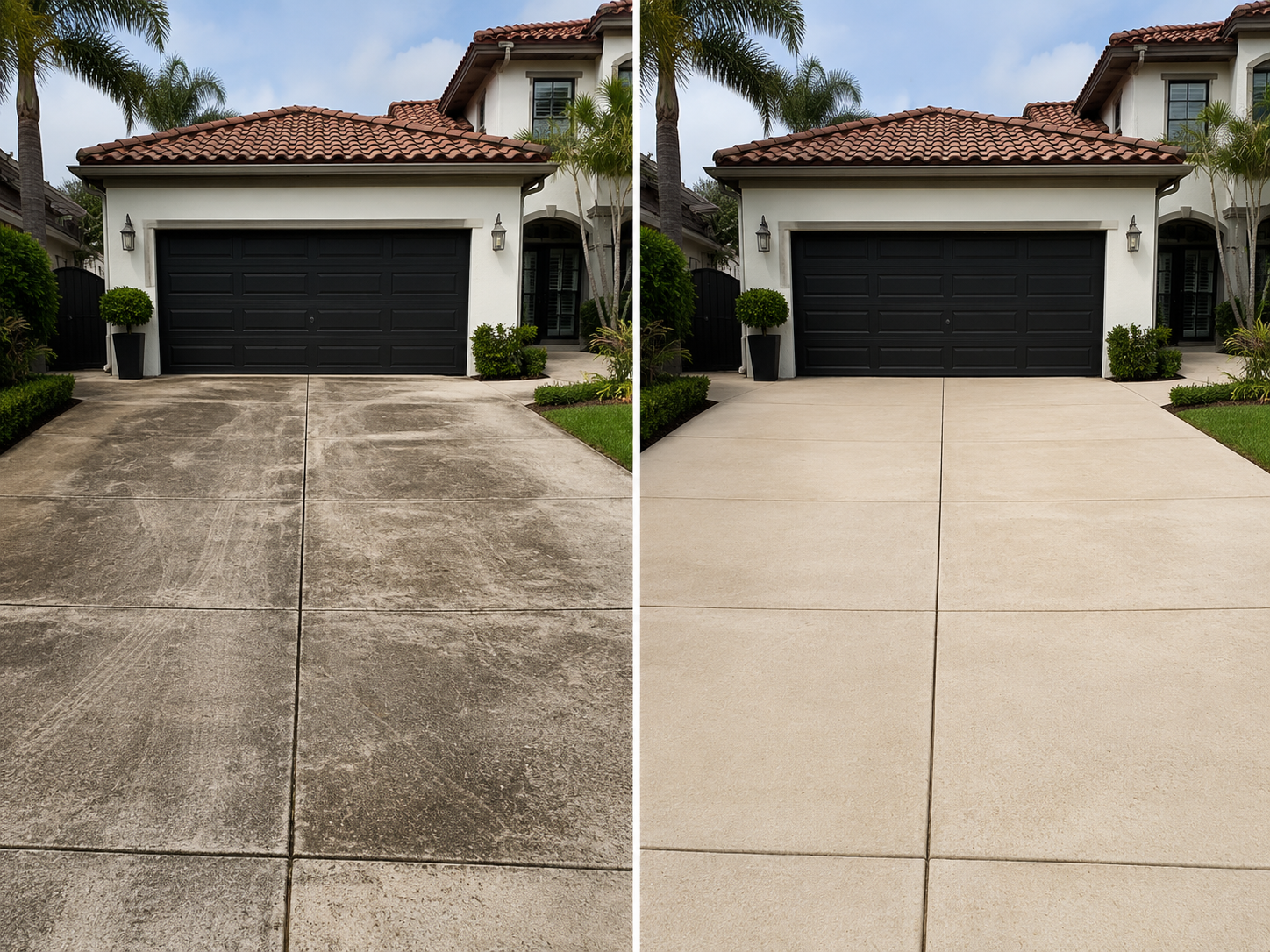 Before and after driveway pressure washing comparison